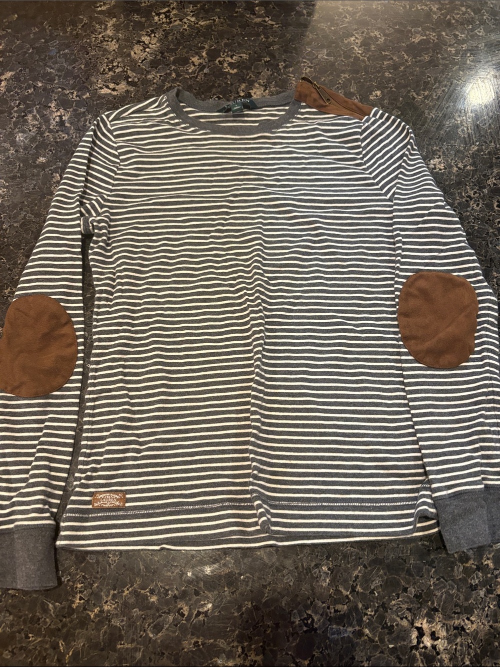 Ralph Lauren Gray & White Striped Crewneck Sweater with Brown Elbow Patches